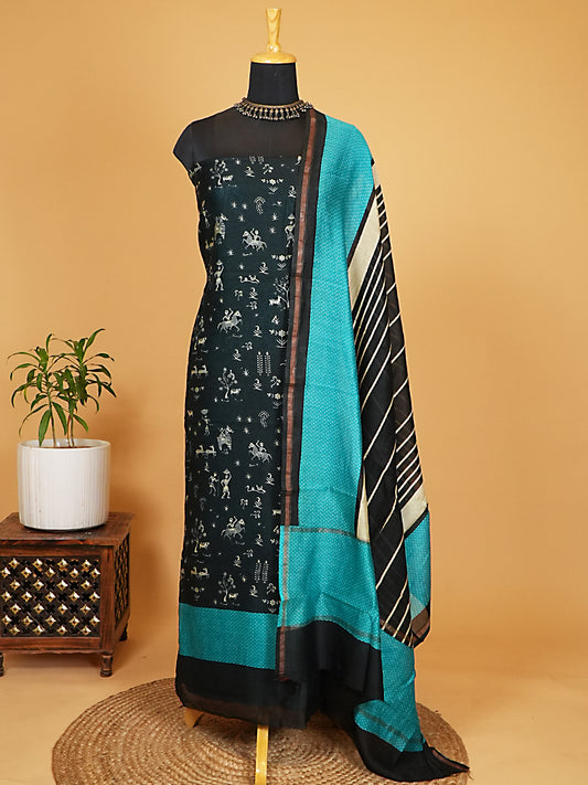 Black and Firozi Warli Printed Maheshwari Silk Suit Set
