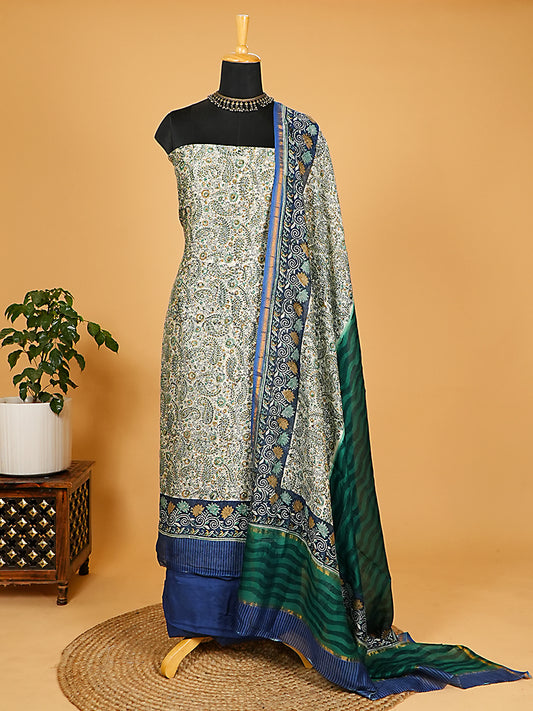 Peacock Blue Mul Chanderi Paisley Suit Set