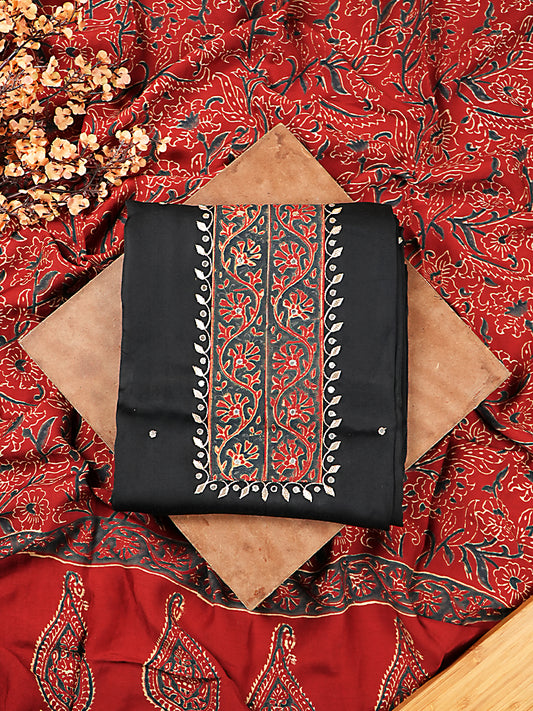 Black Modal Silk Suit Set with Ajrakh Dupatta
