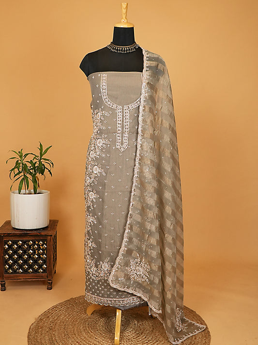 Taupe Grey Tissue Silk Handwork Suit Set