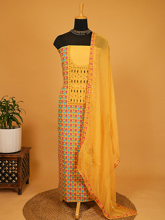 Sunshine Yellow Floral Muslin Silk Suit with Mirror Work On Yoke