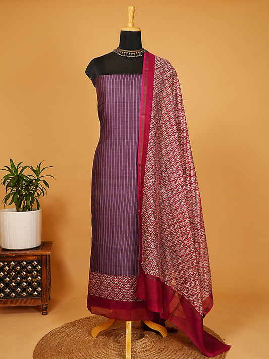 Mauve Purple Maheshwari Silk Striped & Patola Print Suit Set