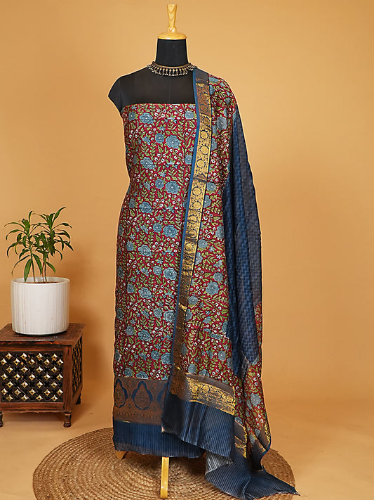 Maroon Floral Printed Maheshwari Silk Suit Set