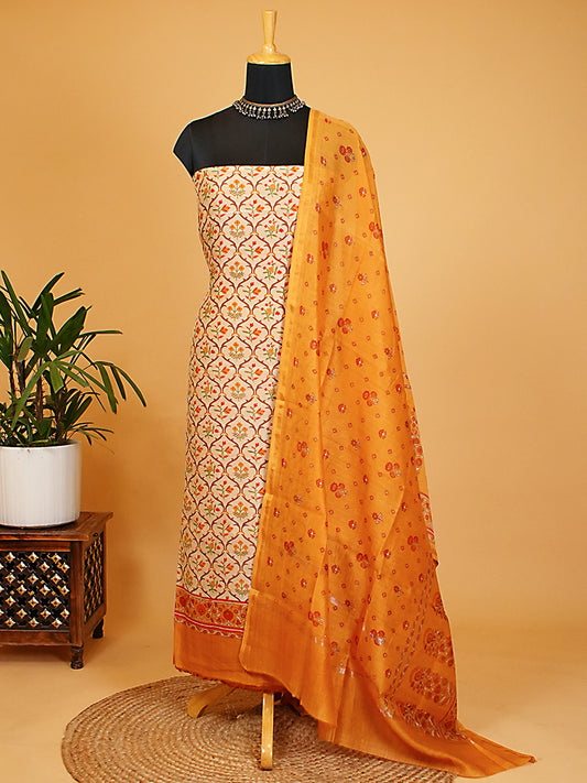 Cream & Orange Purple Maheshwari Silk Jaal Print Suit Set