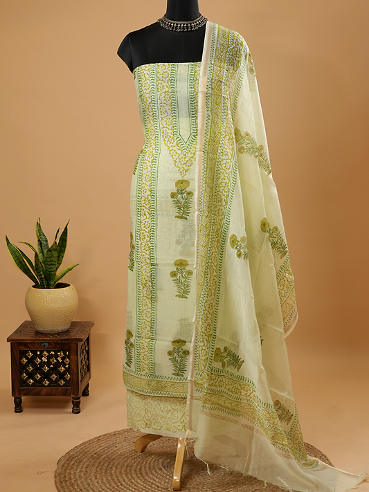 Light Green Mul Chanderi Block Print Suit Set