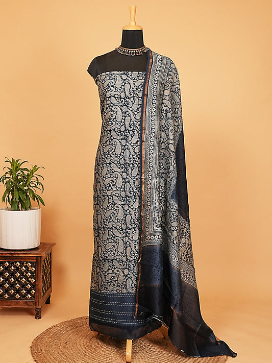 Classic Midnight Blue Paisley Maheshwari Silk Suit Set