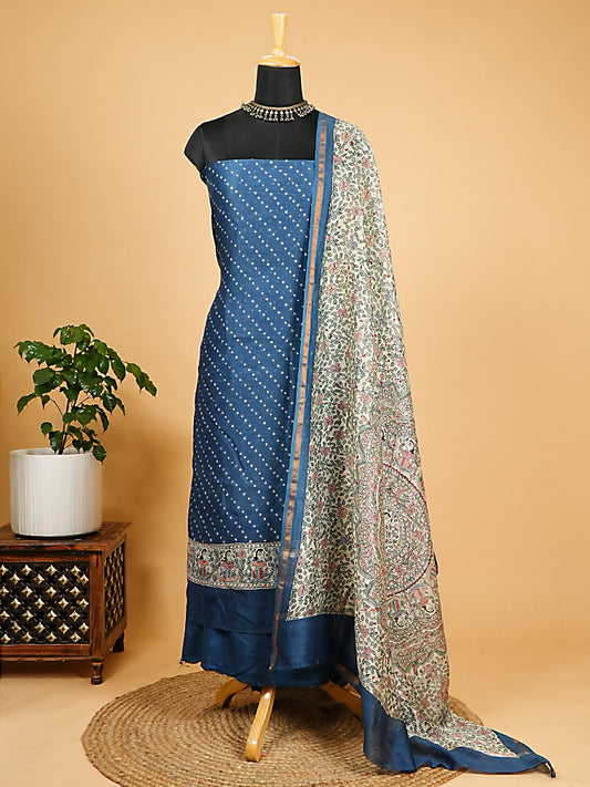 Blue Maheshwari Silk Suit Set with Bandhani Print