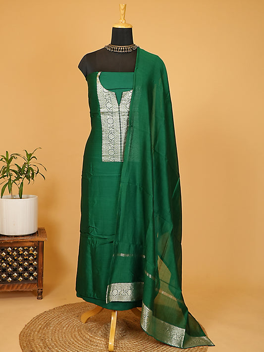 Emerald Green Chiniya Silk Woven Banarasi Suit Set