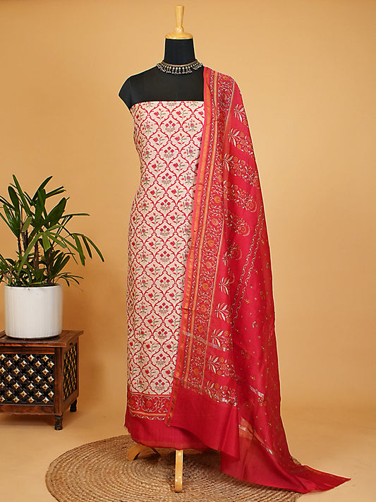 Cream & Red Maheshwari Silk Jaal Print Suit Set