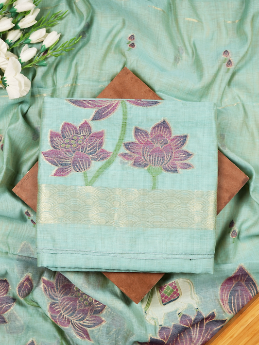 Sky Blue Chanderi Silk Suit Set with Jamdani Weaving