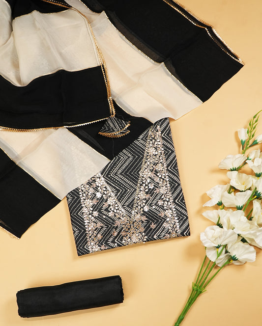 Printed & Embellished Black Modal Silk Suit Set