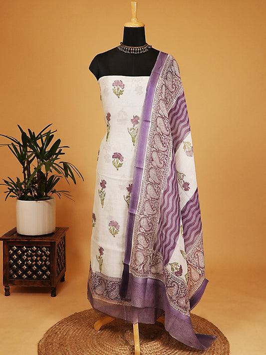 Off-White & Purple Soft Mul Chanderi Block Print Suit Set