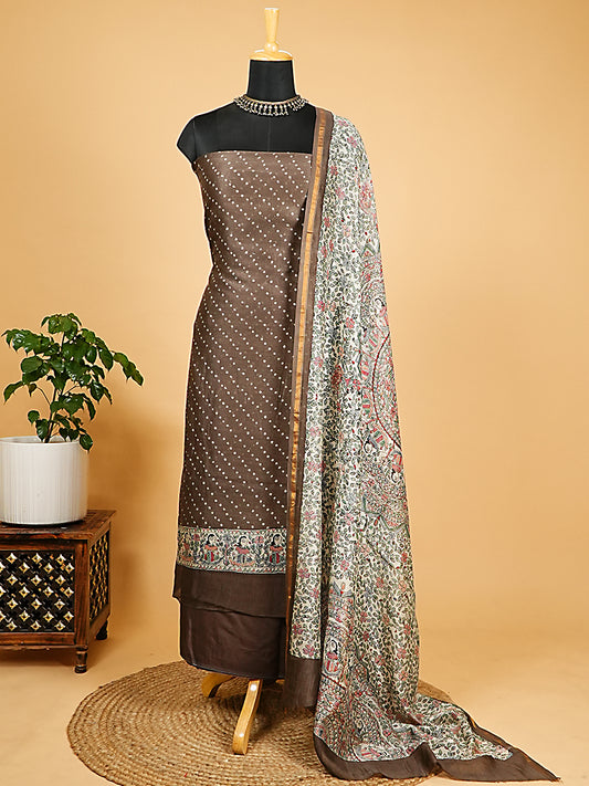 Brown Maheshwari Silk Suit Set with Bandhani Print