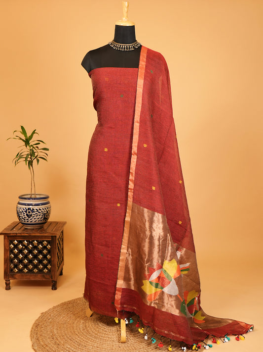 Maroon Linen Tissue Jamdani Weaving Suit Set