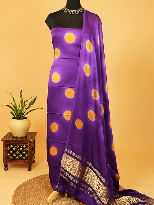 Purple Modal Silk Suit Set with Mustard Polka Dots