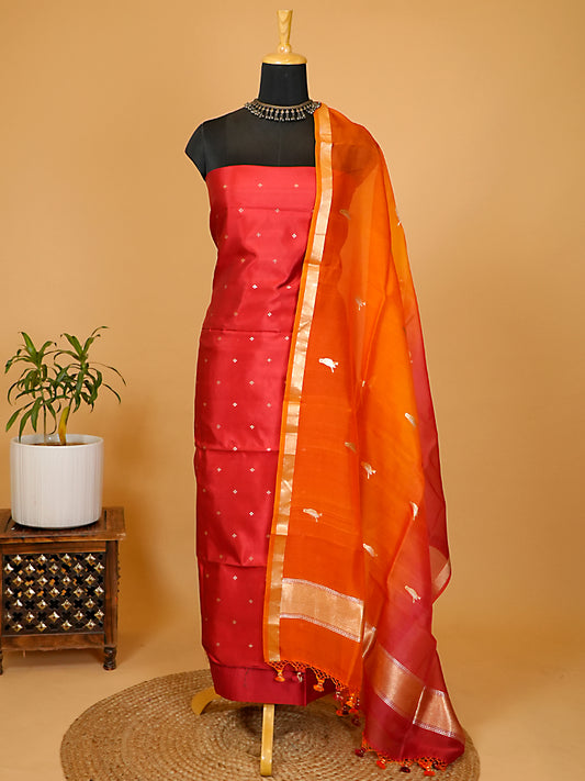 Crimson Red Pure Katan Silk Banarasi Suit Set with Shaded Kora Silk Bird Motif Dupatta
