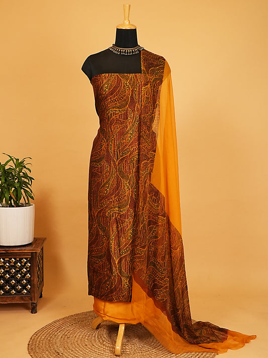 Rust Brown & Mustard Printed Dupion Silk Suit Set