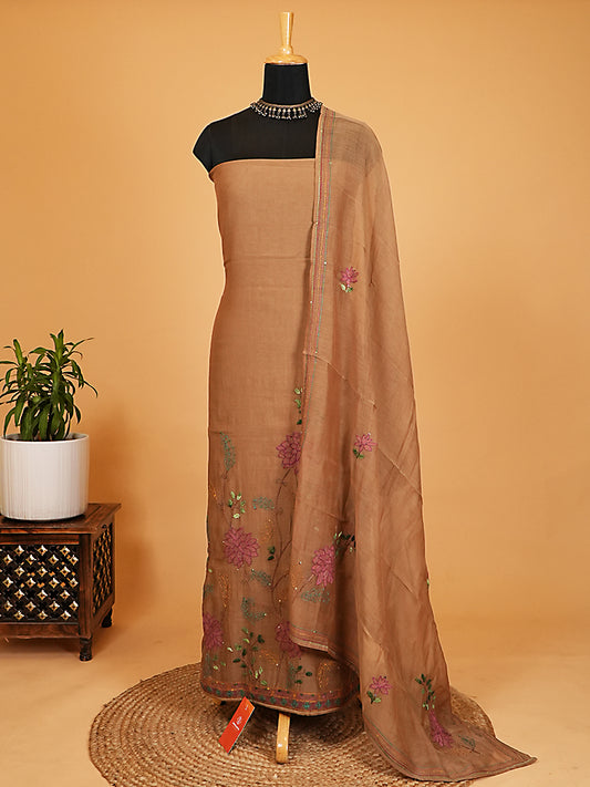 Caramel Floral Embroidered Mul Chanderi Suit Set
