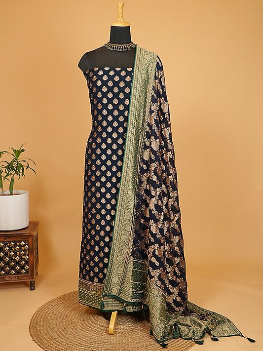 Midnight Navy & Emerald Green Pure Khaddi Georgette Banarasi Suit Set