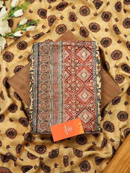 Beige & Red Floral Pure Chinnon Block Print Suit Set