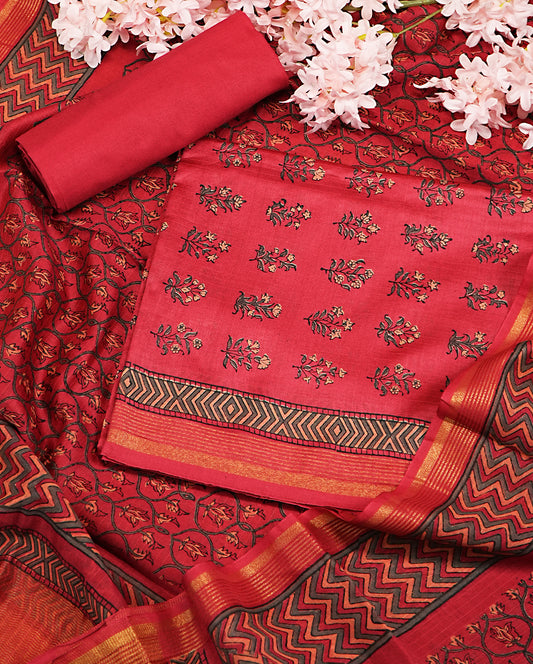 Red Chanderi Silk Handblock Print Suit Set