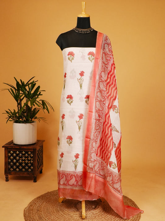 Off-White & Red Soft Mul Chanderi Block Print Suit Set