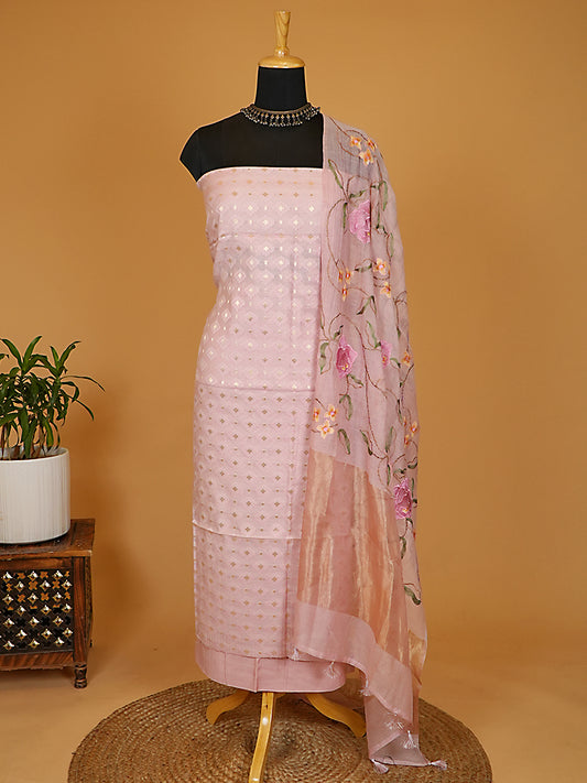 Soft Pink Handloom Cotton Jamawar Suit Set with Floral Embroidery Dupatta