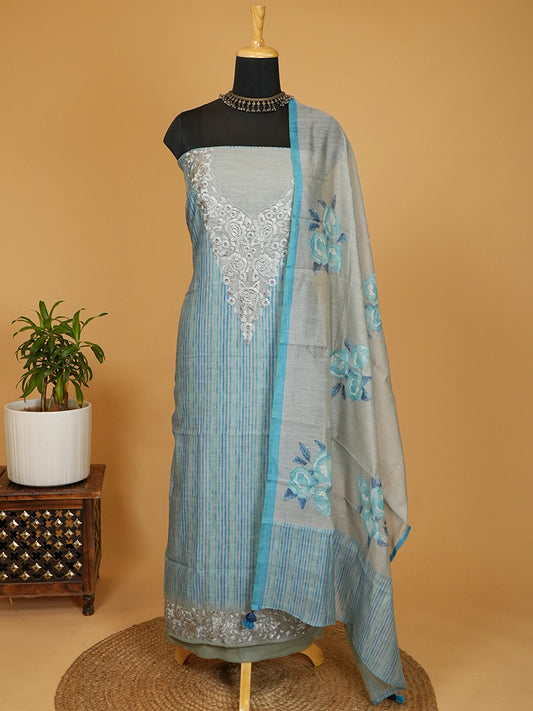 Grey & Blue Striped Chanderi Silk Embroidered Suit Set