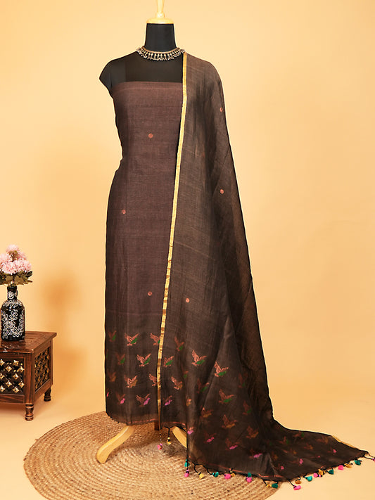 Brown Jayshree Linen Jamdani Suit with Multicolour Bird Motifs