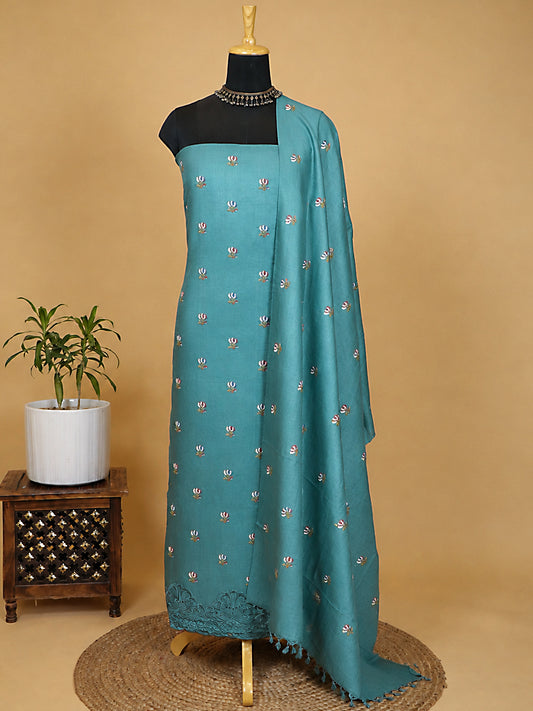 Teal Pure Tussar Silk Suit Set with Cross-Stitch Embroidery