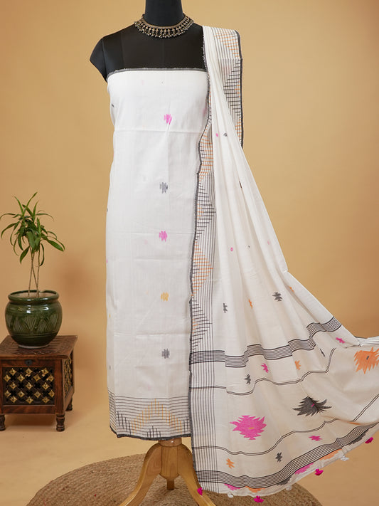 White Mul Cotton Jamdani Weaving Suit Set
