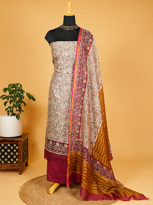Pink & Mustard Mul Chanderi Paisley Print Suit Set