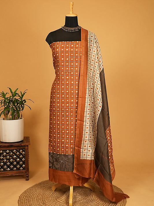 Rust Brown & Charcoal Maheshwari Silk Square Print Suit Set