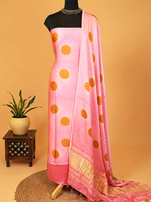 Pink Modal Silk Suit Set with Mustard Polka Dots