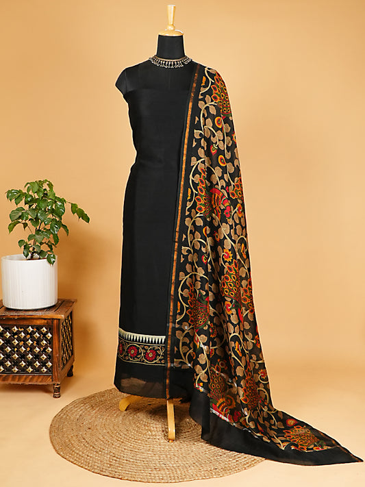 Jet Black Maheshwari Silk Suit with Artistic Dupatta