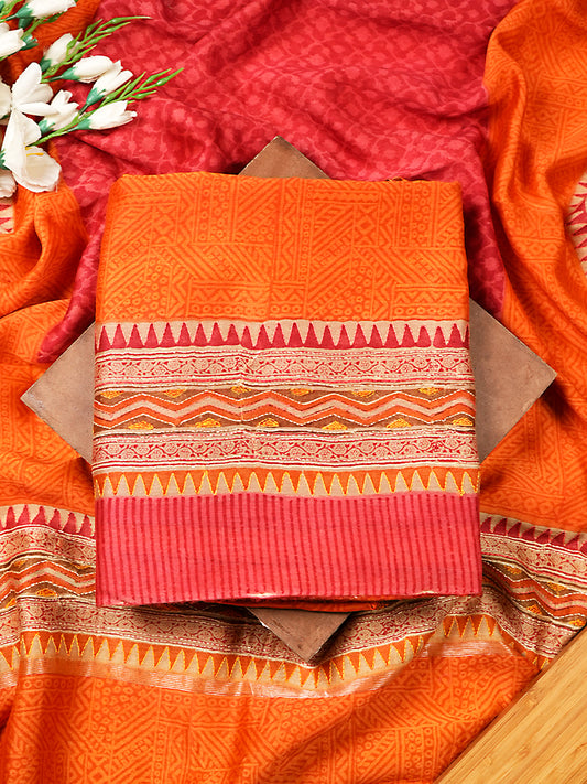 Orange Maheshwari Silk Suit Set With Kantha Detailing