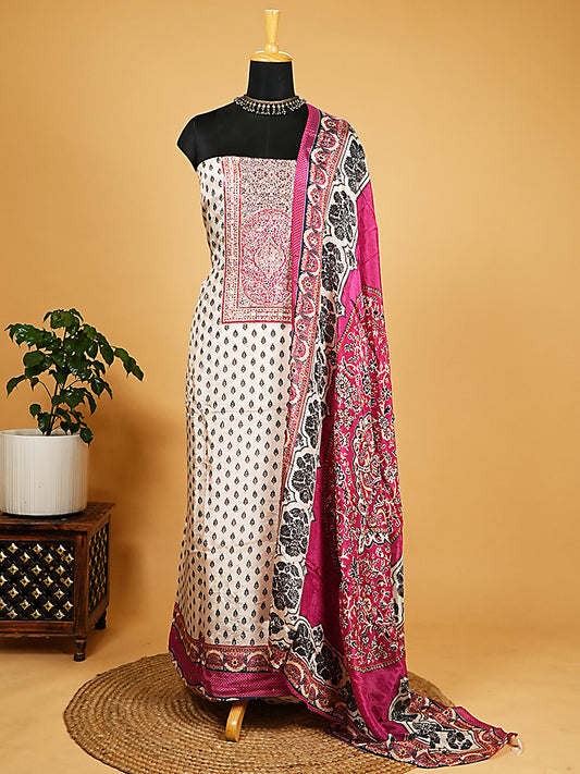 Off-White & Magenta Muslin Block Print Suit Set