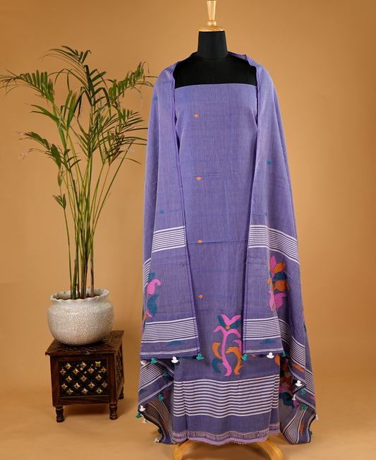 Dark Lavender Multicolour Handwoven Jamdani Suit Set
