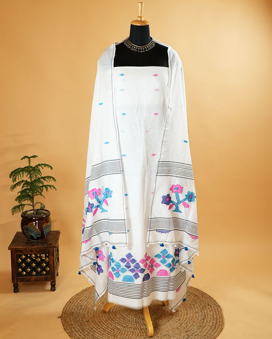White & Blue Handwoven Jamdani Suit Set