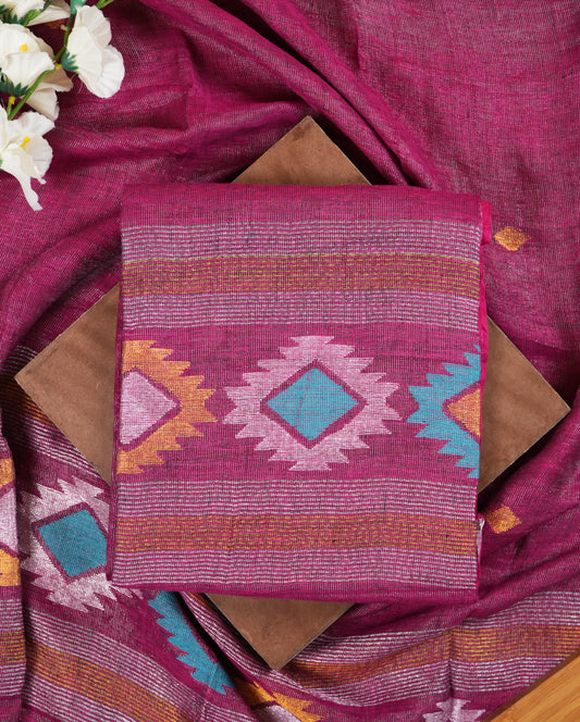Dark Magenta Linen Tissue Jamdani Handwoven Suit Set