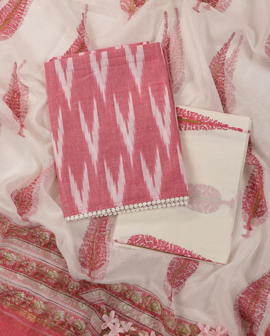 Ikat Print Pink Handloom Cotton Suit Set
