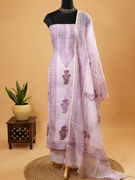 Mauve Mul Chanderi Block Print Suit Set