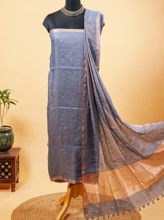 Grey Organic Mulberry Silk & Tissue Linen Jamdani Suit Set
