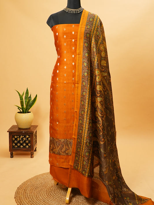 Orange Maheshwari Silk Suit with Zari Bootis