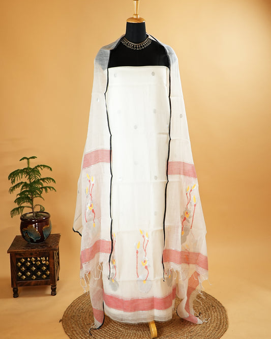 White & Red Handwoven Jamdani Suit Set