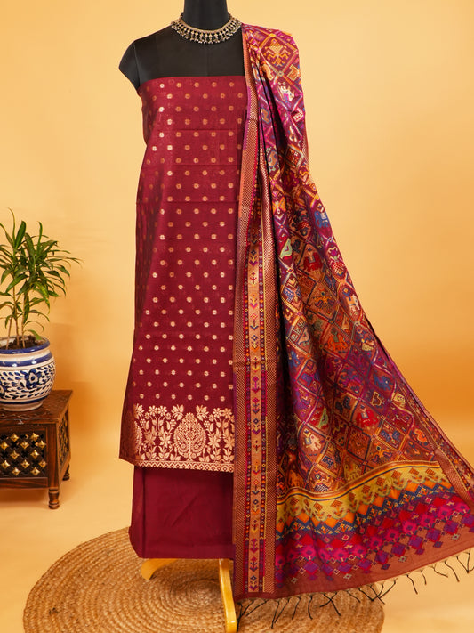 Maroon Banarasi Weaving Chanderi Silk Suit Set