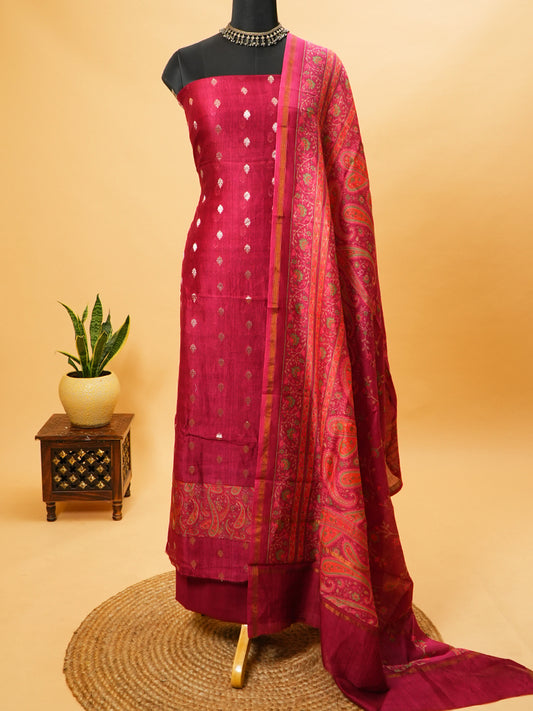 Magenta Maheshwari Silk Suit with Zari Bootis