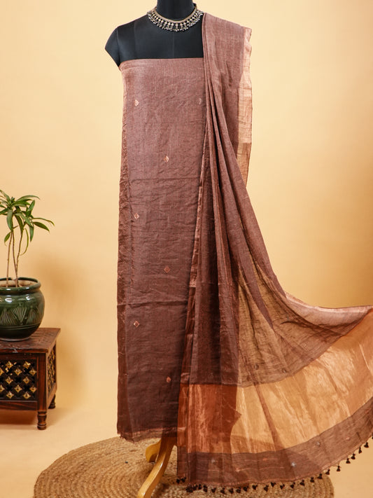 Light Brown Organic Mulberry Silk & Tissue Linen Jamdani Suit Set