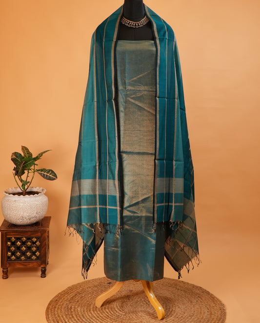 Dark Teal Blue Maheshwari Silk Four Peddle Weave Suit Set