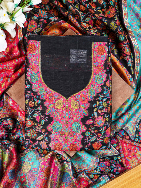 Black Multicolour Mulberry Silk Suit Set With Jamawar Handweaving